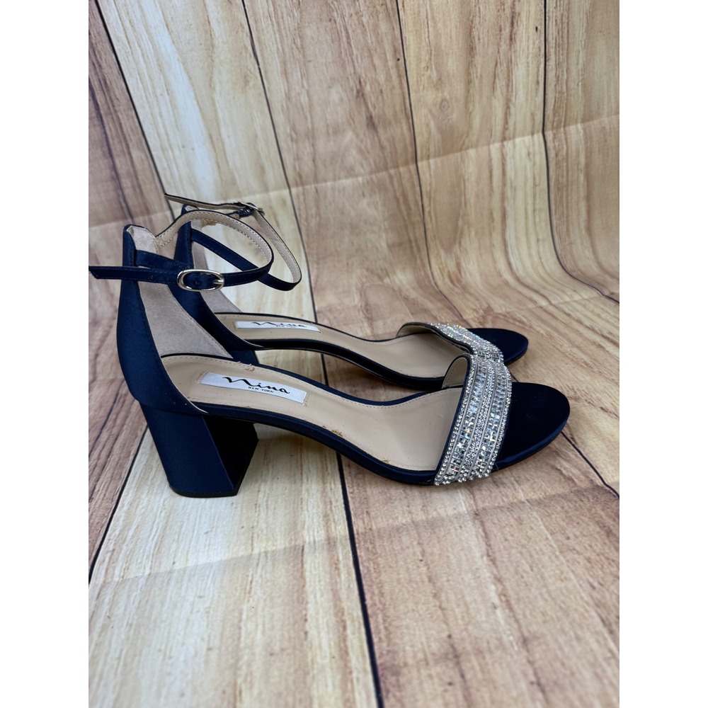 Nina New York Navy Blue Satin Crystal Embellished Block Heel Sandals Size 9M